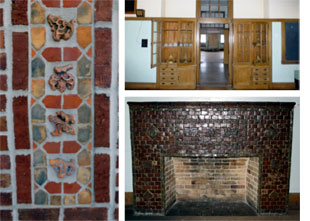Composite image of three images from school. 1.Detail of Glazed terra cotta relief. 2. Built in Casework. 3. Historic Fireplace