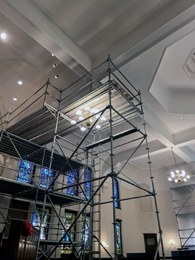 Scaffolding inside the First Congregational Church