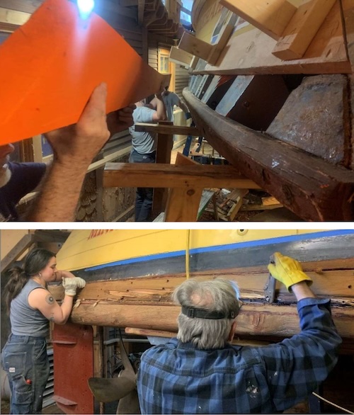 Two photo showing the repair of the Steamboat streetcar Minnehaha